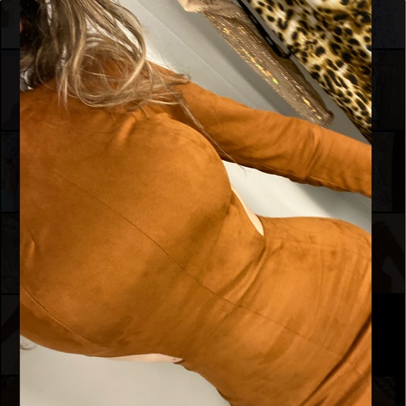 House of CB London Brown Suede Maxi Dress High Neck Cutout Slit Tan Zipper back - Picture 17 of 17